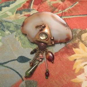 TRESKA Sliced Agate Glass Bead Drop Brooch ~ RARE